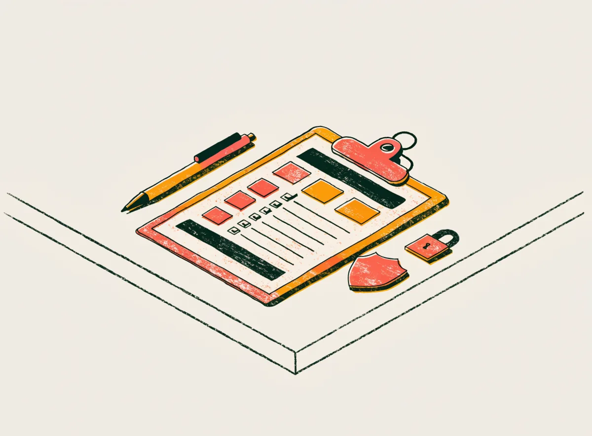 Illustration of a one page policy on a clipboard with a checklist, a pen and a padlock