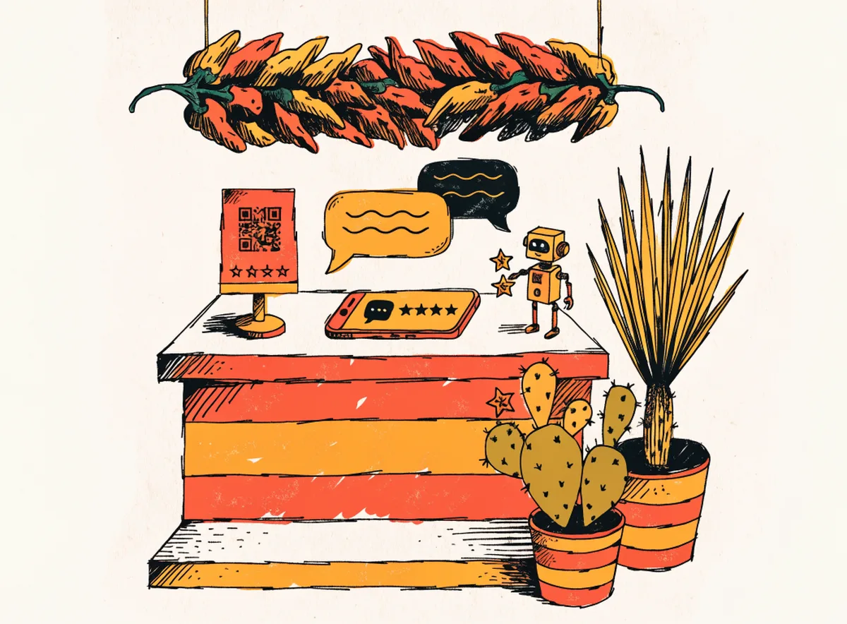 Illustration of a restaurant counter with a review card and QR code, a phone showing five stars and a small robot helper
